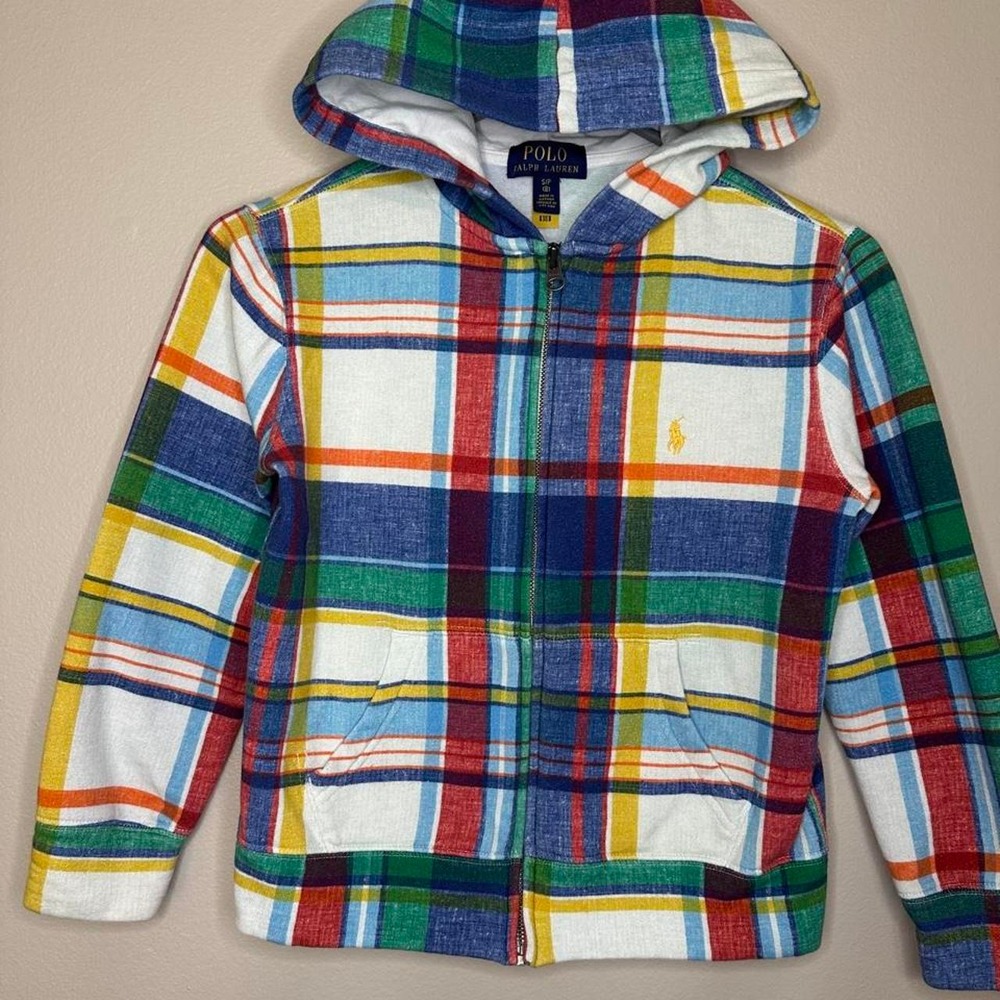 Polo Ralph Lauren Boys Multicolored Plaid Zip Up Hoodie Sweatshirt Size 8 S/P